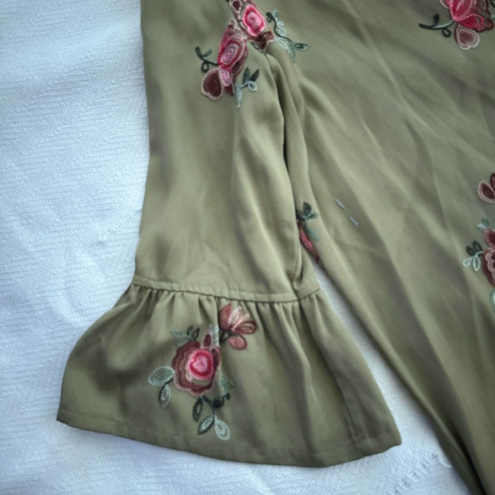 John Mark Olive Green Floral Embroidered Blouse with Pink Roses - Picture 3 of 5